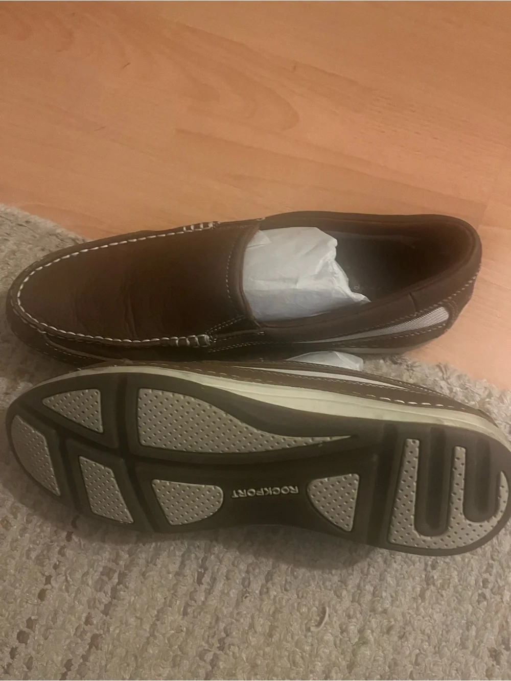 Rockport Brown Leather Slip-On Driving Loafers with White Stitching